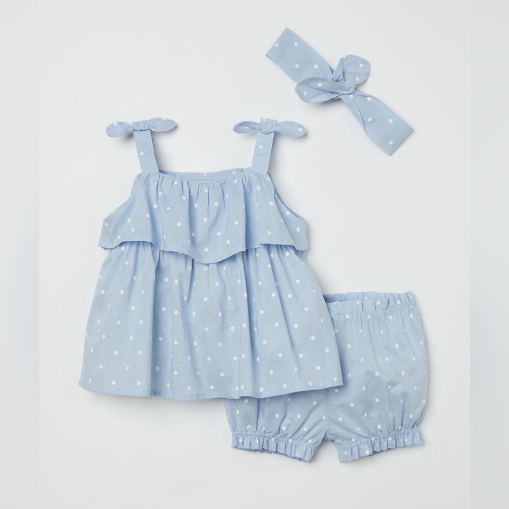 H&M Baby Blue Polka Dot 3 Pc Cotton Top Puff Pants Summer Set Toddler Girls 3T